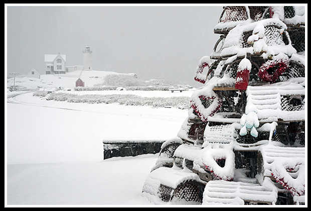 Nubble light snowstorm with lobster trap holiday tree