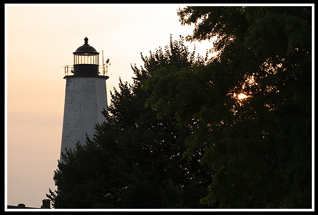 sunset behind trees by File Mile Point light