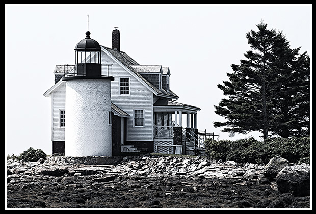 black and white image of Blue Hill Bay light