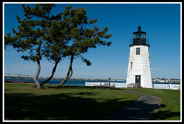 Newport Harbor lighthouse in a small park