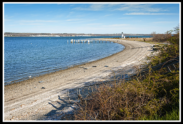 beach at Prudence Island leads to lighthouse